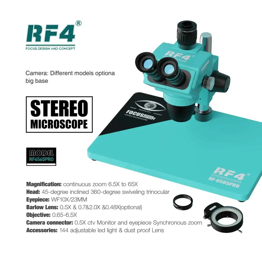 ⁦ميكروسكوب RF4 6565PRO2 ثلاثي العدسات بتكبير 6.5X–65X مع إضاءة LED⁩ - الصورة ⁦2⁩